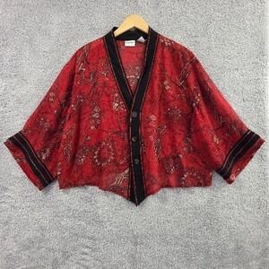 Chicos Kimono Blouse Size 2 L Red Black Floral Silk Button Front Sheer Asian Art
